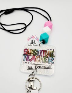 "This lanyard is approximately 21\" from the breakaway clasp to the clip at the bottom. The square acrylic piece is 2.5\". it is also sealed with 2 part resin for a nice, smooth, and clean finished.   If you would like a different length please leave it in comment section while purchasing. I would be happy to accommodate you!" Substitute Teacher Tips, Lanyard Teacher, Laser Projects, Teachers Diy, Teacher Badge, Teacher Lanyard, Substitute Teacher, Teacher Tips, Fun Gifts