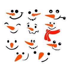 an orange and black snowman face with many different facial expressions, including one smiling