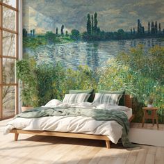 a bedroom with a large painting on the wall next to a bed in front of a window