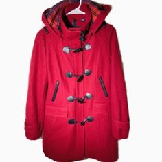 M Tommy Hilfiger Women's Red Wool Coat W/ Plaid Lined Removable Hood Tag/Label Marked Please See Photo Gently Used- If At All Red Wool Coat, Tommy Hilfiger Jackets, Red Wool, Tommy Hilfiger Women, Wool Coat, Lady In Red, Tommy Hilfiger, Jackets & Coats, Jackets For Women