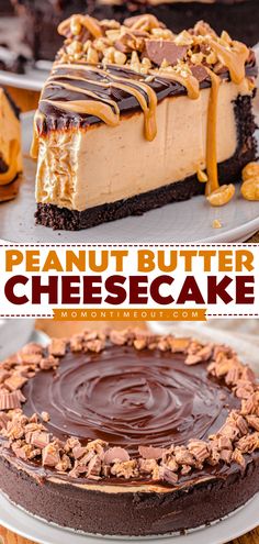 peanut butter cheesecake with chocolate frosting and nuts on top