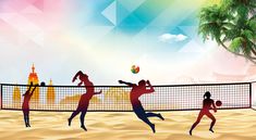 four people playing tennis on the beach with palm trees in the background and an image of a volleyball net