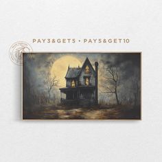 a painting of a creepy house with the moon in the sky above it and text reads pays