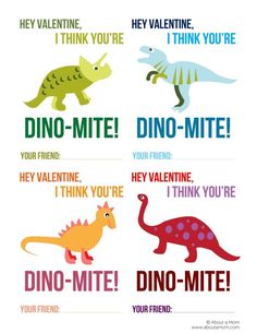 dinosaur valentine's cards with the words dino - mite, i think you're