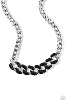 Brushed in a black finish, a collection of oversized silver curb chain links combines with a strand of silver curb chain to dramatically drape down the neckline for a bold yet colorful look. Features an adjustable clasp closure.   Sold as one individual necklace. Includes one pair of matching earrings. Bedazzled Jewelry, Black Jewelry Necklace, Happy Jewelry, Chain Links, Paparazzi Accessories, Black Necklace, Green Necklace, Paparazzi Jewelry, Butterfly Earrings