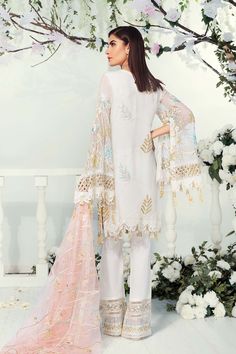 Chiffon Dress with Embroidery in White Color in classy design embellished with elegant design embroidery and looking so classy. You can wear it on party and wedding events. Shirt: Chiffon Shirt is presented with white color hand work embroidered work of threads. Gheerah is embellished with embroidered chiffon patch and tussles lace. Sleeves and front, back of shirt is designed with beautiful organza embroidered patch border. Trouser: Chiffon dress in White Color is paired with dyed raw silk trou Dresses With Embroidery, Dress With Embroidery, Chiffon Collection, Embroidered Chiffon, Classy Design, Silk Trousers, Design Embroidery, Net Dupatta, 3 Piece Suits