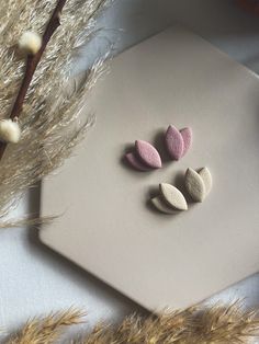 three small stones sitting on top of a piece of paper next to some dried grass