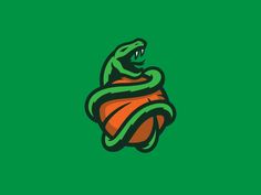 a snake wrapped around a basketball ball on a green background