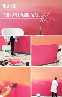 a woman painting an ombre wall with pink paint