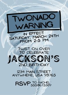 a flyer for a birthday party with an image of lightning and the words tornado warning on it