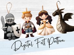 digital felt pattern - knight, princess, dragon and knight