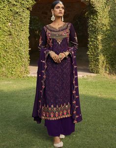 Purple Georgette Palazzo Salwar Suits Purple Heavy Embroidery & Kashmiri Work:Arabic Attire #alinesuits #longsalwarkameez #fashionablesuitsforladies #onlineladiessuits #ladiessuitsdesign #kameezclothing #asiansuitwomen #womensasiansuits #wheretobuysuitforwomen #simplesalwarsuit #latestindiansuitdesigns #salwarkameezstitched #stitchedsalwarkameez #salwarkameezpants #pantsalwardesign #pureblacksuit #newsuitstyles #embroideredsuitsdesigns Georgette Palazzo, Purple Embroidery, Purple Bottom, Salwar Designs, Indian Party, Pakistani Salwar Kameez, Wedding Saree Indian, Suits Design, Heavy Embroidery