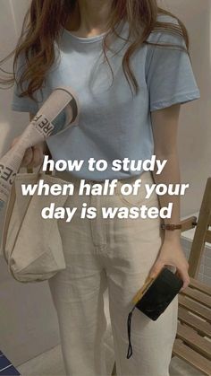 a woman holding a newspaper and a cell phone in her hand with the words how to study when half of your day is wasted