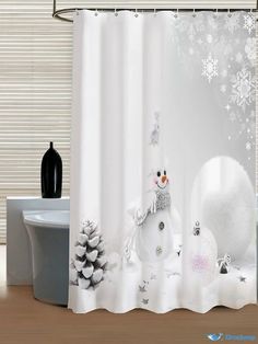 a white shower curtain with snowmen and christmas decorations