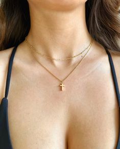 "Super cute and dainty tiny cross charm on dainty chain 18k gold plated, Silver plated, Gold vermeil, Rose Gold vermeil or Silver plated charm. ✨layered cross necklace chain is 17\" and includes a 2\" extender, making the necklace adjustable from 17-19 inches. ⭐️ Our Rose gold necklace comes with a crucifix cross, Gold and Silver are plain cross. Hypoallergenic nickel & lead free material  -Silver plated cable chain  -Silver plated satellite chain  -18k Gold plated cable chain  -18k Gold plated Layered Necklaces Cross, Cross Necklace Layering, Cross Necklace Stack, Cross Necklace Aesthetic, Gold Necklace Cross, Cross Gold Necklace, Cross Chain Necklace, Layered Cross Necklace, Cross Choker Necklace