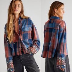 Free People Austin Studded Plaid Flannel Shirt New Large Size: Large Snap Closure Brand New Without Tags We The Free Studded Shirt, Plaid Flannel Shirt, Plaid Design, Plaid Flannel, Western Wear, Flannel Shirt, Striped Shirt, Boho Outfits, Plaid Shirt