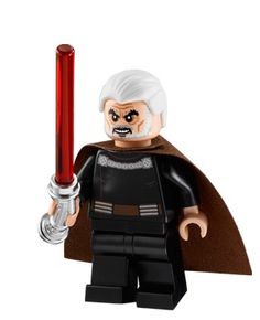 a lego star wars character holding a red light saber