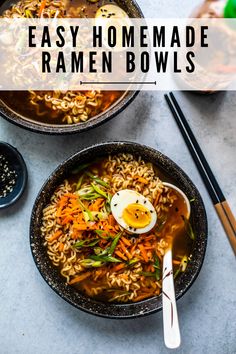 two bowls filled with ramen soup and topped with an egg, carrots and green onions