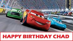 two cars driving down a race track with the words happy birthday chad in front of them