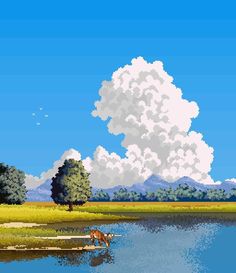 a pixel art painting of a lake with trees and clouds in the background