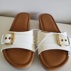 Memory Foam Insoles Brand New White Casual Wedge Sandals With Buckle Closure, White Open Toe Mules With Buckle Closure, White Open Toe Mules With Buckle, Chic White Footbed Sandals With Round Toe, Casual White Heels With Buckle Closure, Trendy White Footbed Sandals With Round Toe, Trendy White Synthetic Footbed Sandals, White Trendy Round Toe Footbed Sandals, White Buckle Closure Mules For Spring