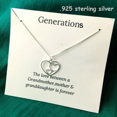 This generations necklace features three nesting hearts to symbolize three family members, this piece is a great representation of Grandmother, Mother and Granddaughter sharing the same love! Material: .925 sterling silver Pendant size approx : 18mm Child's ageNecklace length 1 - 3 years10 to 12 inches 3 - 7 years12 to 14 inches 7 - 10 years14 to 16 inches Adult 16 to 18 inches The necklace will be carded in a jewellery box for easy gifting. This necklace also available in .925 sterling silver and 18k rose gold plated ( sterling silver) https://www.etsy.com/uk/listing/623572367/generations-necklace-daughter-necklace?ref=shop_home_active_1&pro=1&frs=1 https://www.etsy.com/uk/listing/623571733/generations-necklace-rose-gold-nesting?ref=shop_home_active_6&pro=1&frs=1 Sterling Silver Heart Necklace For Birthday And Mother's Day, Sterling Silver Heart Necklace For Mother's Day Birthday, Nickel-free Double Heart Necklace For Anniversary Gift, Mother's Day Double Heart Nickel Free Necklace, Mother's Day Nickel Free Double Heart Necklace, Mother's Day Nickel-free Double Heart Necklace, Nickel-free Double Heart Necklaces For Mother's Day, Nickel-free Double Heart Necklace For Anniversary, Double Heart Charm Necklace For Mother's Day Anniversary