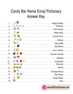 the candy bar name emojtionary is shown in this graphic above it's answer key