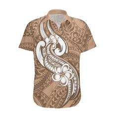 polynesia-hawaiian-shirt-plumeria-with-tribal-pattern-brown-pastel-vibes Hawaiian Crew Neck Printed T-shirt, Hawaiian Style T-shirt With Sublimation Print, Hawaiian Floral Print T-shirt For Beach, Hawaiian T-shirt With Tropical Print, Yellow Pastel, Jeans Shirt, Hawaiian Cotton T-shirt With Tropical Print, Bleach Color, Pattern Shirt