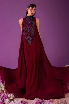 Shop for Mala and Kinnary Maroon Georgette Beetroot Embroidered Tent Gown for Women Online at Aza Fashions Maroon Crystal, Maroon Gowns, Gown For Women, Gown Pattern, Maroon Dress, High Neck Sleeveless, Ladies Gown, Red Dresses, Embroidered Neckline