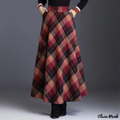 Olivia Mark - Chic Retro Plaid Midi Skirt with High Waist and Flattering A-Line Silhouette, Enhanced Durability Long Skirt Fall, Autumn Academia, Grid Skirt, Plus Size Kawaii, Retro Outfit, Plaid Wool Skirt, Minion Jokes, Midi Skirt Pattern, Ankle Length Skirt