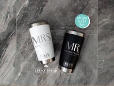 two personalized tumblers sitting next to each other on a marble surface with the words mr and mrs written on them