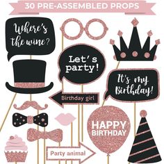 PRICES MAY VARY. FULLY ASSEMBLED = NO WASTED TIME GLUING THEM TOGETHER 🌟 Your pink and rose gold birthday photo booth props will arrive to you in a sturdy box, already pre-assembled onto thick 9.5 inch wooden sticks. All you have to do is take them out of the box and you’re ready to go! We also include 30 glue dots that are optional to use in case you want to add even more support. We’ve seen many of our customers use the glue dots to add a few of the props to their walls as added party decor! Birthday Photobooth, Selfie Party, Glitter Birthday Party, Birthday Photo Booth, Glitter Birthday Parties, Happy Birthday Black, Birthday Props, Birthday Photo Booths, Birthday Roses