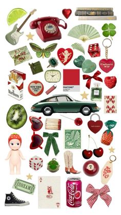 a collage of various items that are arranged in the shape of a car and other things