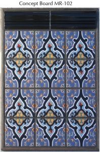 an image of a decorative window with blue and orange tiles