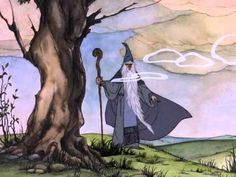 the wizard is standing in front of a tree and holding a staff with an oog written on it