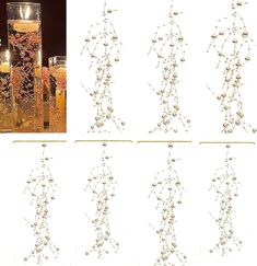 four photographs of candles with beads hanging from the top and bottom, along with an image of two vases on each side