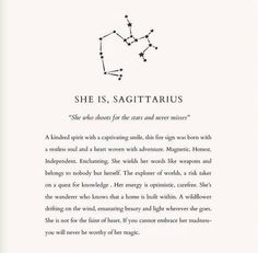 the book is open to show an image of a zodiac sign and its name, she is sagittarius