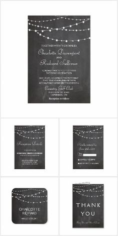 chalkboard wedding thank card with string lights