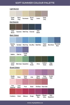 (paid link) Professional ideas for hair color palette products with a wide range of developers, direct dye's and bonders at wholesale prices. Cool Summer Pallete Colors, Summer Skin Palette, Summer Skin Tone Palette, Summer Personal Color Palette, Summer Clothing Palette, Light Summer Colors Palette, Soft Summer Colour Palette Fashion, Summer Cool Color Palette, Muted Cool Colors