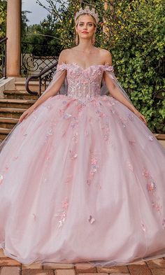 Dancing Queen 1840 - Butterfly Off Shoulder Ballgown Quince Tips, Ballroom Extravaganza, Lilac And Sage, Sage Colors, Boning Corset, Holographic Butterfly, Quinceañera Ideas, Butterfly Details, Pink Ball Gown