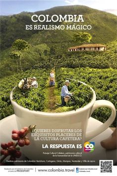 a coffee cup with people in it on the cover of a magazine called colombia es realismo magico