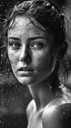 a young woman is covered in water while she looks at the camera