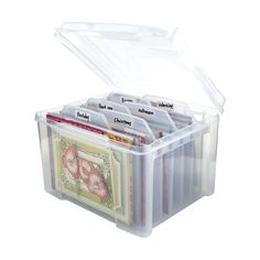 a plastic storage box filled with lots of cards