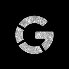 the letter g is made up of silver sparkles on a black background with white dots