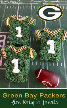 green bay packers rice krispie treats on a football field with the number one and two