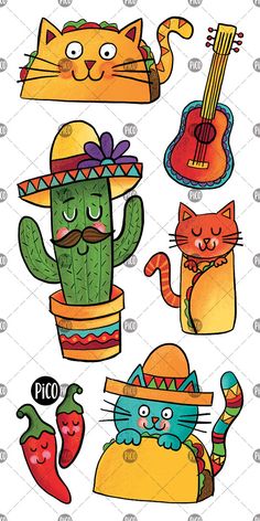 cartoon mexican cats and cactuses with guitars, guitar, sombrero, poco