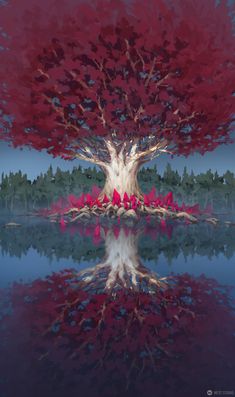 an abstract painting of a tree with red leaves and its reflection on the water's surface