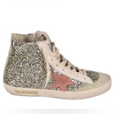 Brand New Golden Goose Deluxe Brand Francy Glitter Embellished High-Top Sneakers. 100% Authentic Size Us 6 Embellished Gold Sneakers With Round Toe, Gold Embellished Sneakers With Round Toe, Gold Embellished Round Toe Sneakers, Gold Embellished Lace-up Sneakers, Silver High-top Sneakers With Glitter Accents, Silver Glitter Print Lace-up Sneakers, Silver Sneakers With Glitter Print And Round Toe, Silver Glitter Print Sneakers With Round Toe, Silver Embellished Sneakers With Round Toe