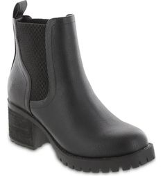 MIA Jonna Lug Sole Chelsea Boot (Women) | Nordstrom Lug Sole Outfit, Lug Sole Chelsea Boots Outfit, Combat Boots Winter Outfit, Chelsea Boot Women, Chunky Heel Booties, Mia Shoes, Slip On Boots, Combat Boot, Black Chelsea Boots