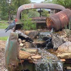 an old pick up truck with a bird on it's head and water coming out of the back